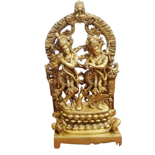 Brass Fully Carved Dancing Radha with Krishan Playing Flute with Peacock Base Statue Idol showpiece for Gift Purpose/Home décor/Temple